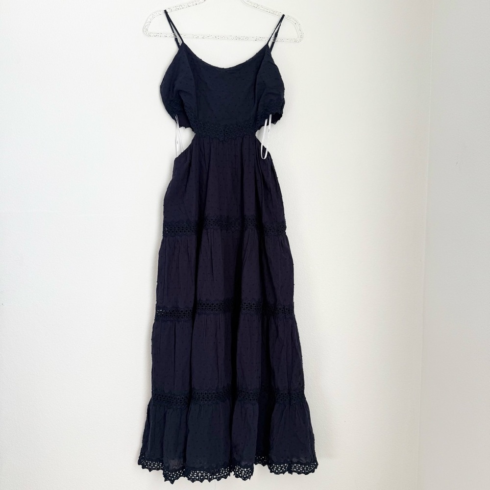 Lulu’s Navy Blue Cut Out Spaghetti Straps Cotton Textured MIDI Dress Size S